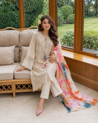3 Piece Ready to Wear Luxury Embroidered Crochet Suit - Off-White/Multi
