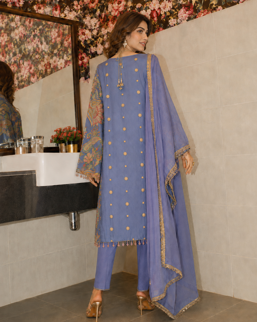 3 Piece Ready to Wear Luxury Embroidered Armani Silk Suit - Lilac