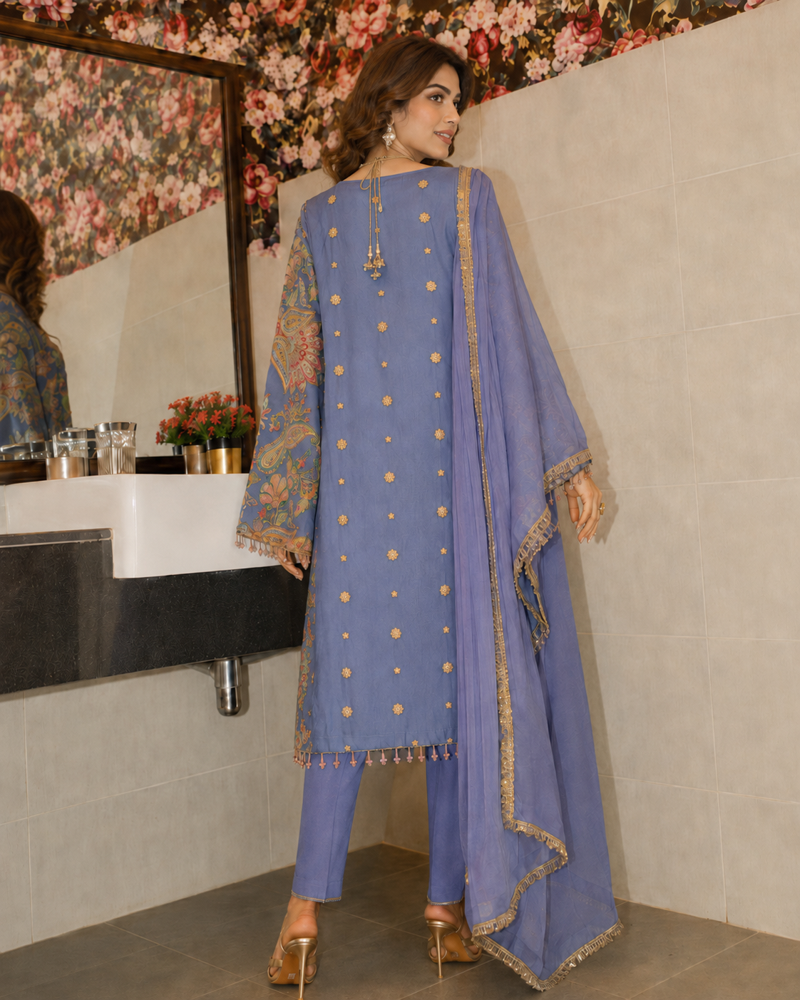 3 Piece Ready to Wear Luxury Embroidered Armani Silk Suit - Lilac
