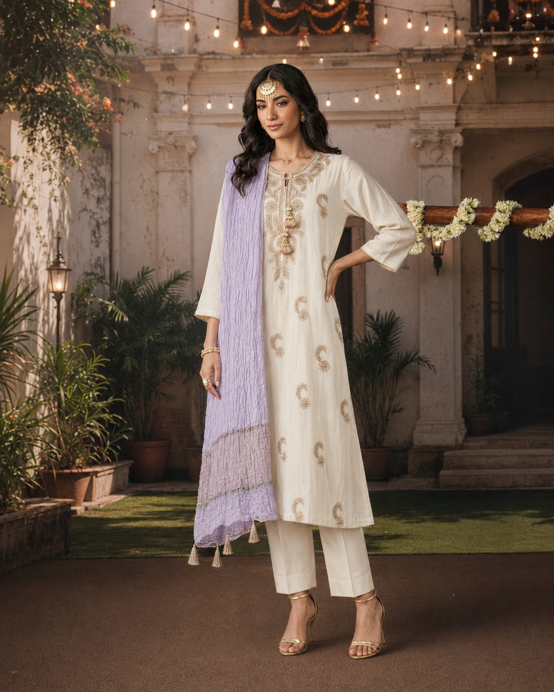 3 Piece Ready to Wear Gota Work Suit - Off-White with Lilac Dupatta