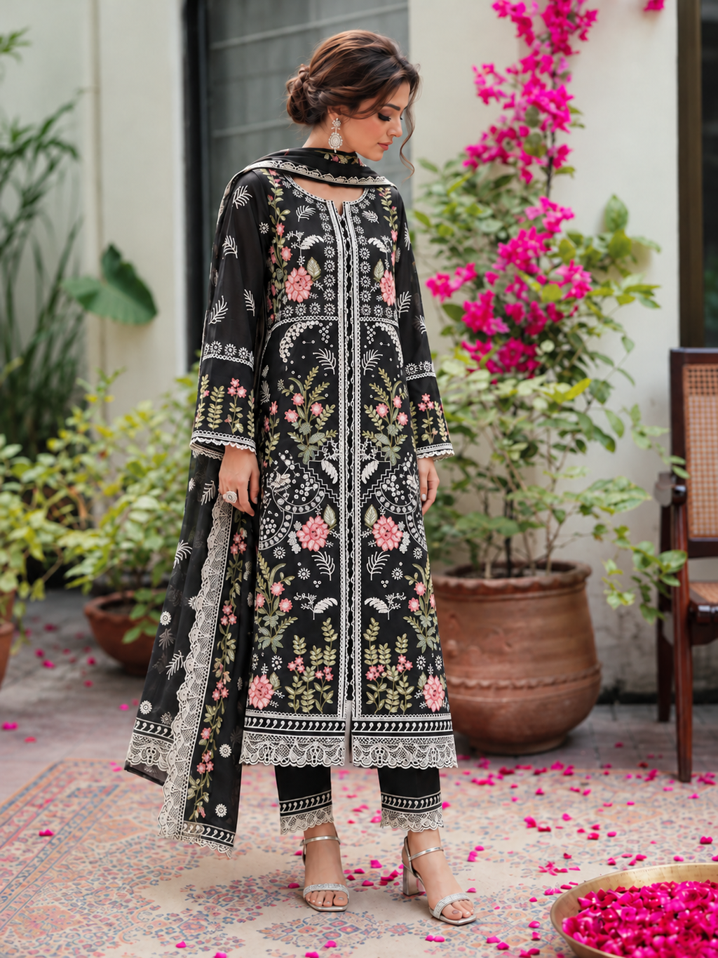 3 Piece Ready to Wear Embroidered Suit (Black)