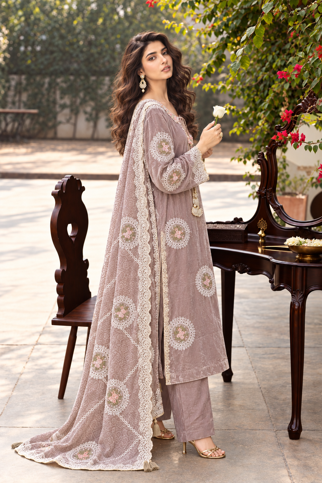 3 Piece Ready to Wear Luxury Velvet Embroidered Suit (Mauve)