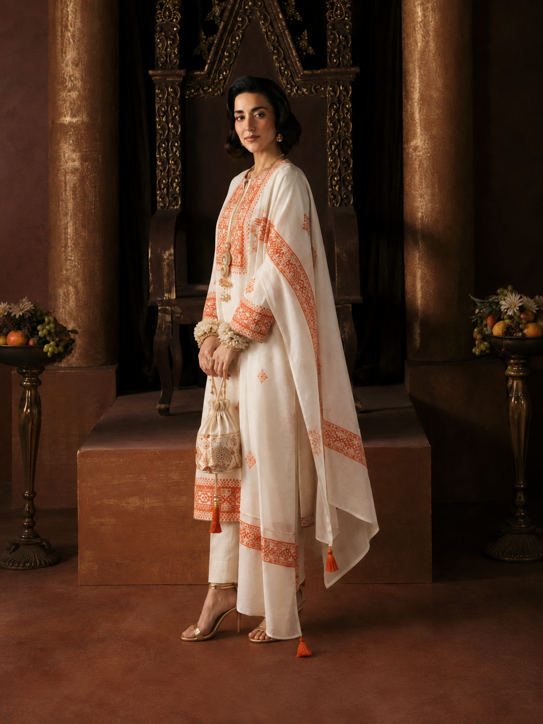 3 Piece Ready to Wear Block Printed Suit - Off-White/Orange