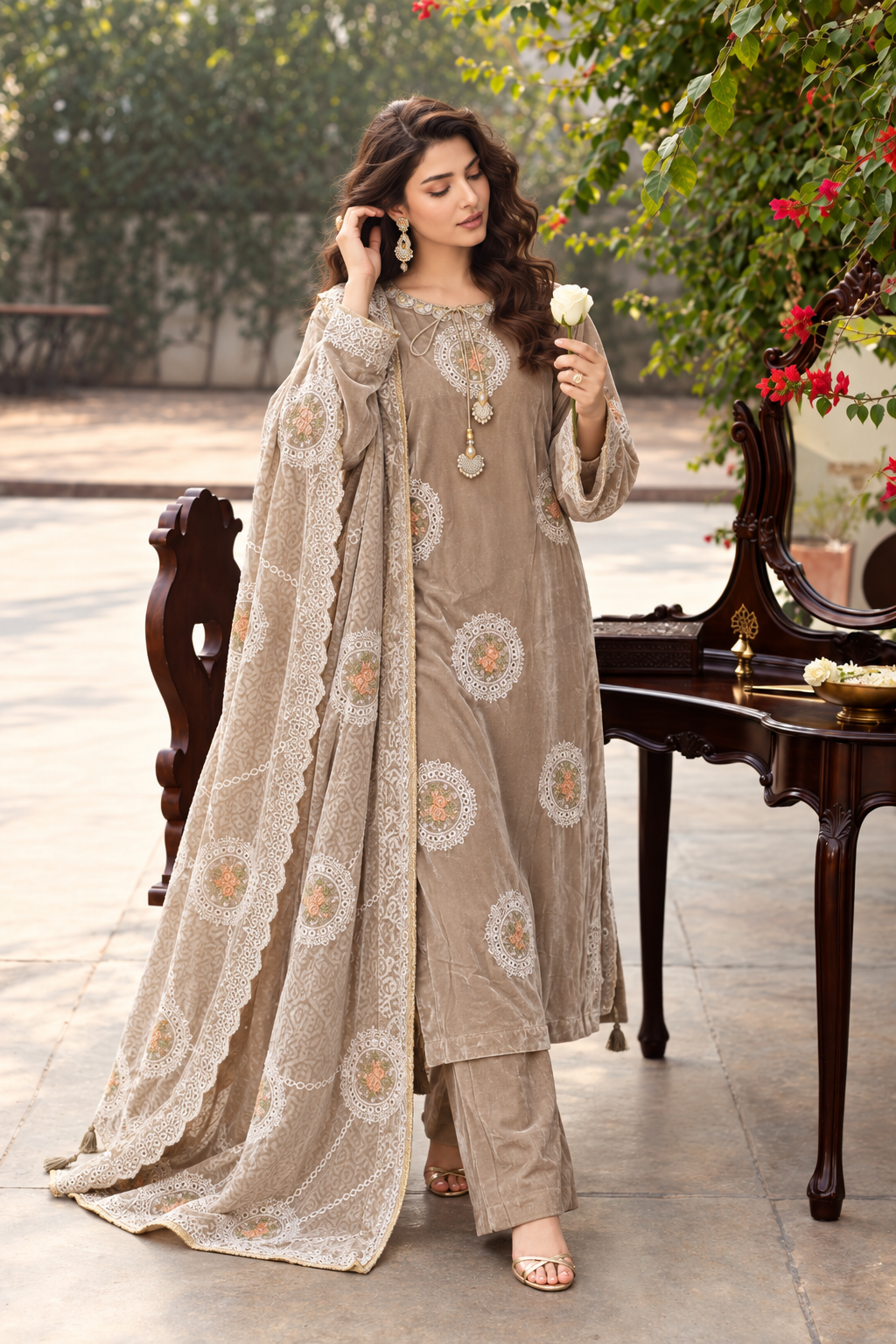 3 Piece Ready to Wear Luxury Velvet Embroidered Suit (Apple Green)