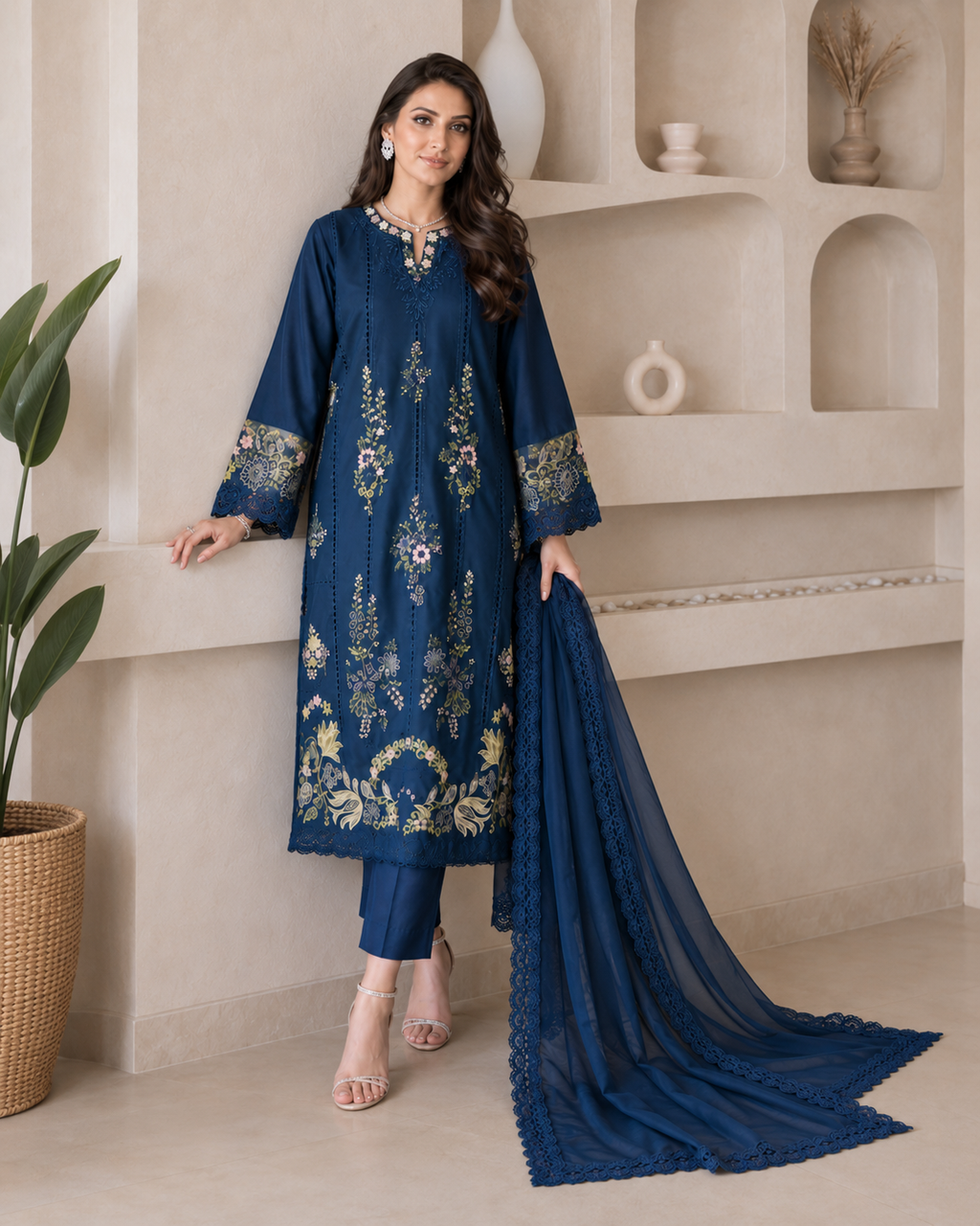 3 Piece Ready to Wear Embroidered Suit (Blue)