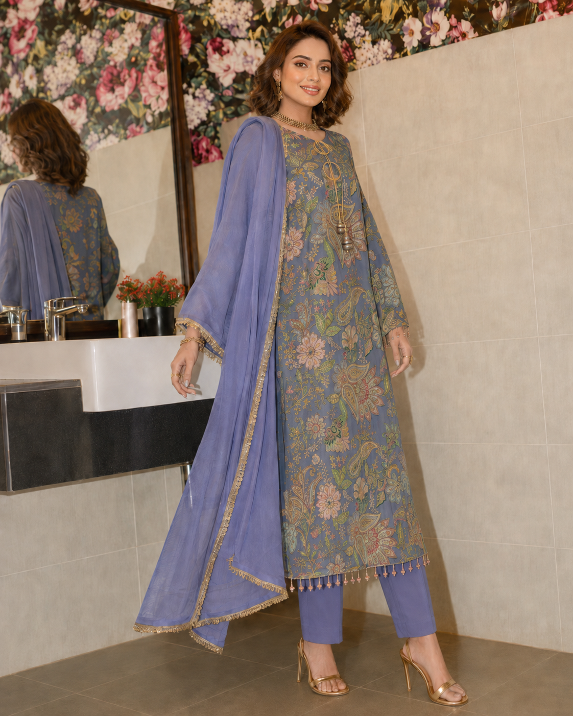 3 Piece Ready to Wear Luxury Embroidered Armani Silk Suit - Lilac