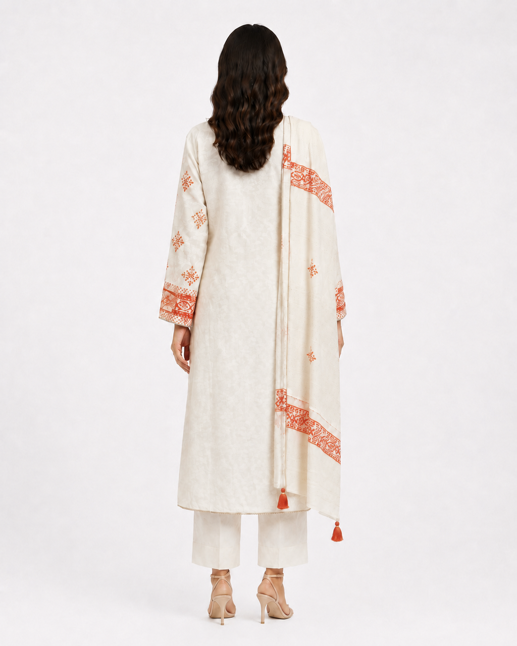 3 Piece Ready to Wear Block Printed Suit - Off-White/Orange