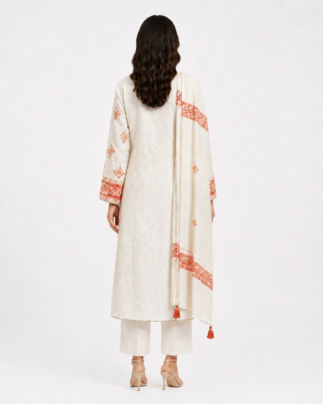3 Piece Ready to Wear Block Printed Suit - Off-White/Orange