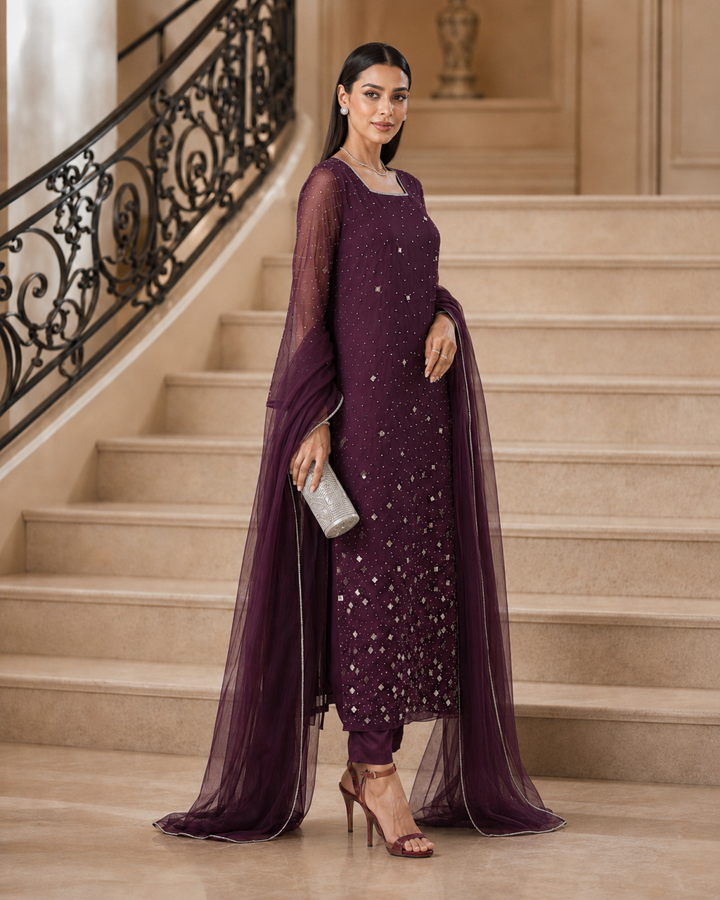3 Piece Ready to Wear Luxury Net Suit - Plum