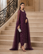 3 Piece Ready to Wear Luxury Net Suit - Plum