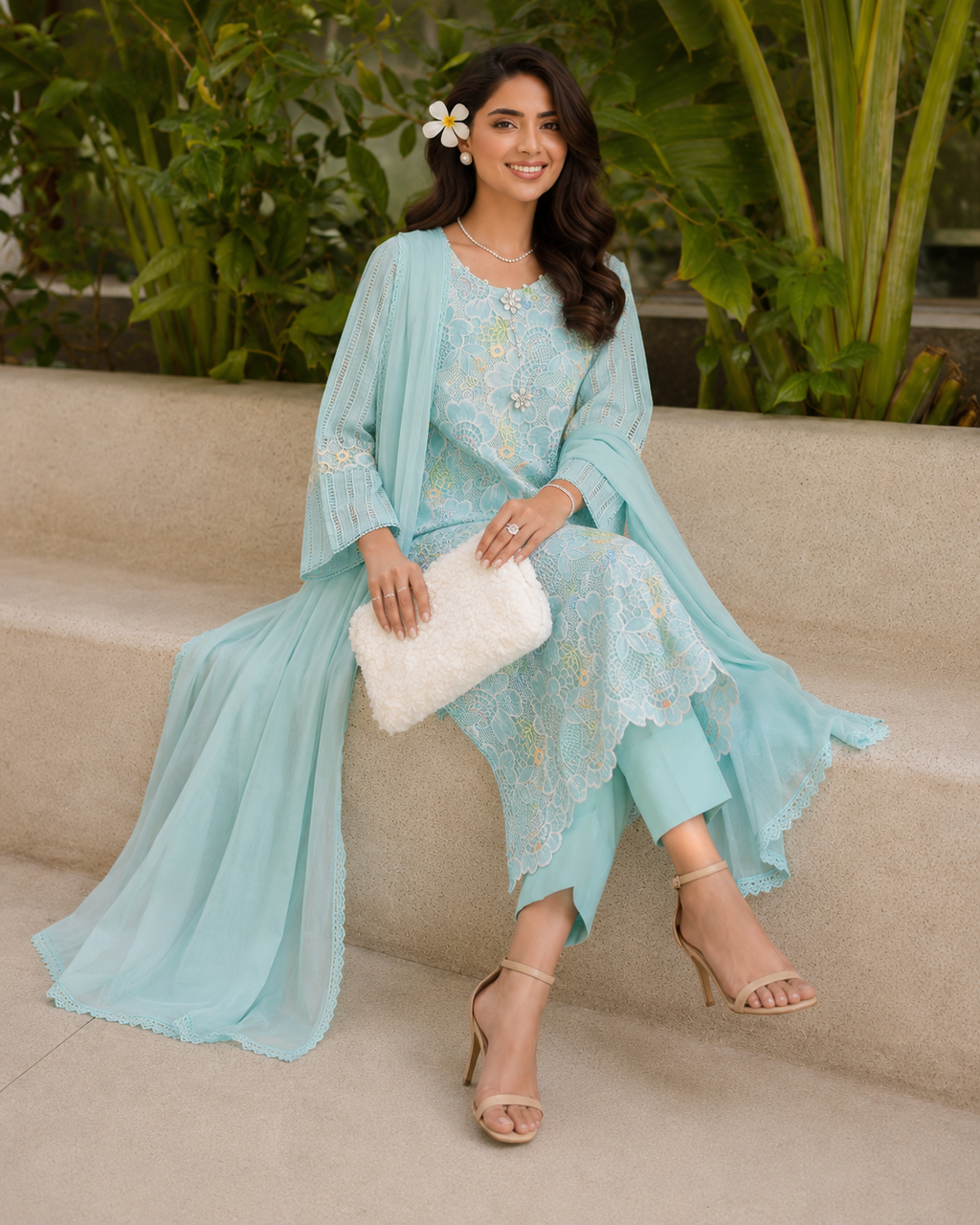 3 Piece Ready to Wear Luxury Embroidered Cutwork Suit - Blue