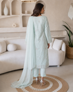 3 Piece Ready to Wear Luxury Chantilly Net Suit - Aqua
