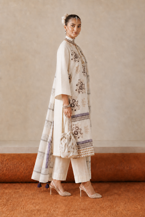 3 Piece Ready to Wear Block Printed Suit - Off-White/Brown/Purple