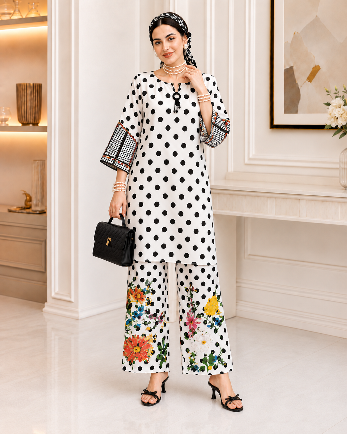2 Piece Ready to Wear Printed Co-ord Set (Black & White)