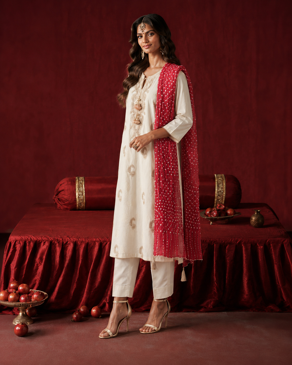 3 Piece Ready to Wear Gota Work Suit - Off-White with Red Dupatta