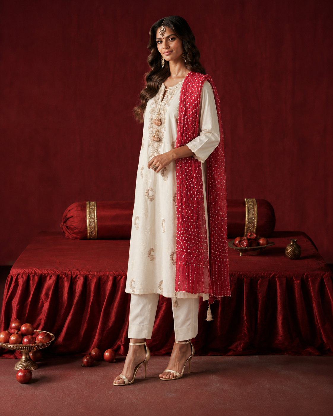 3 Piece Ready to Wear Gota Work Suit - Off-White with Red Dupatta