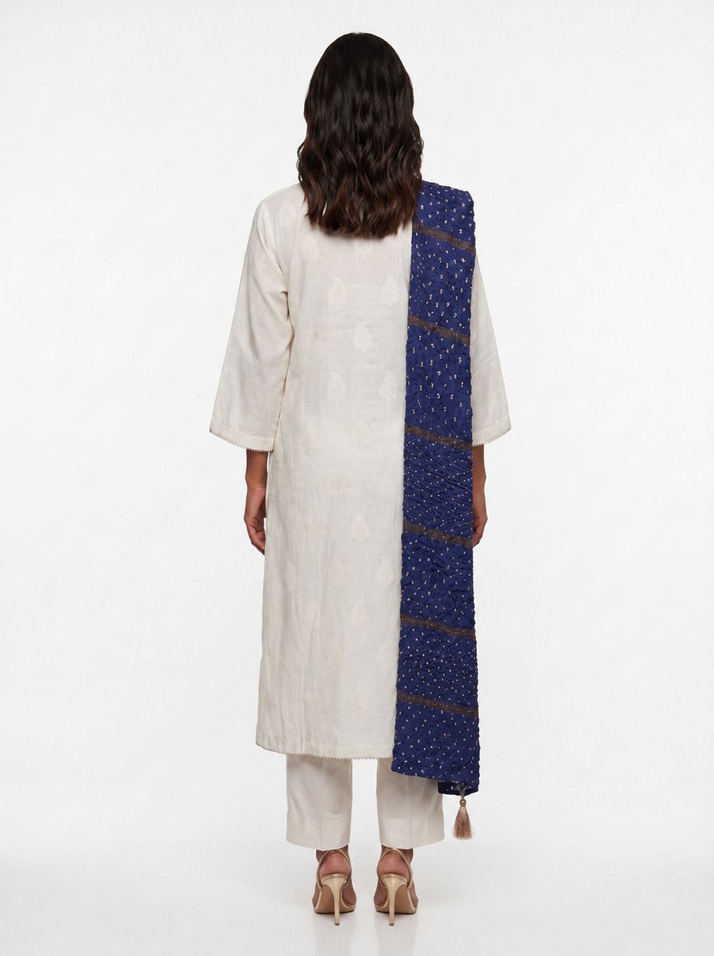 3 Piece Ready to Wear Gota Work Suit - Off-White with Blue Dupatta