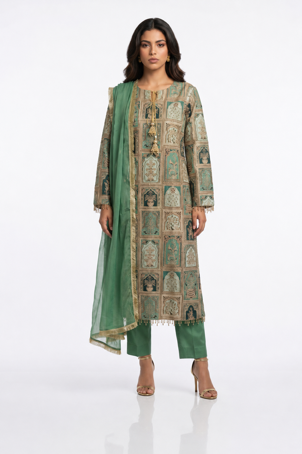 3 Piece Ready to Wear Luxury Embroidered Armani Silk Suit - Green