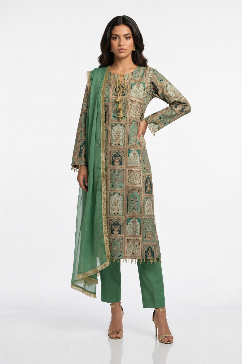 3 Piece Ready to Wear Luxury Embroidered Armani Silk Suit - Green