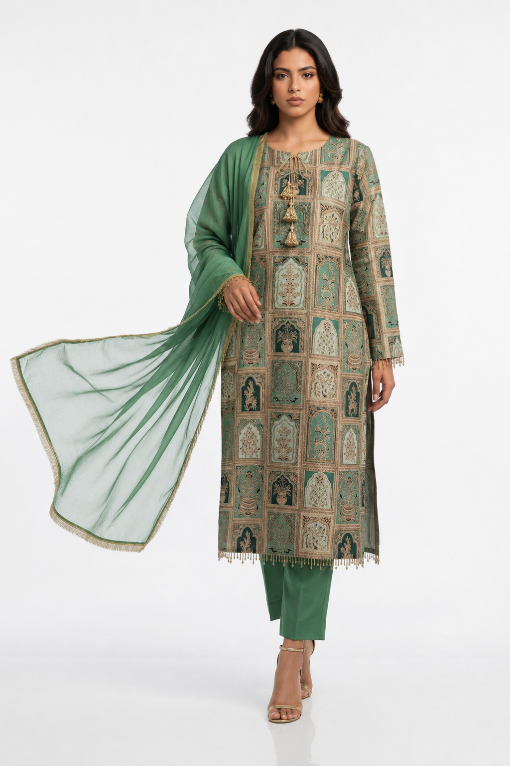 3 Piece Ready to Wear Luxury Embroidered Armani Silk Suit - Green
