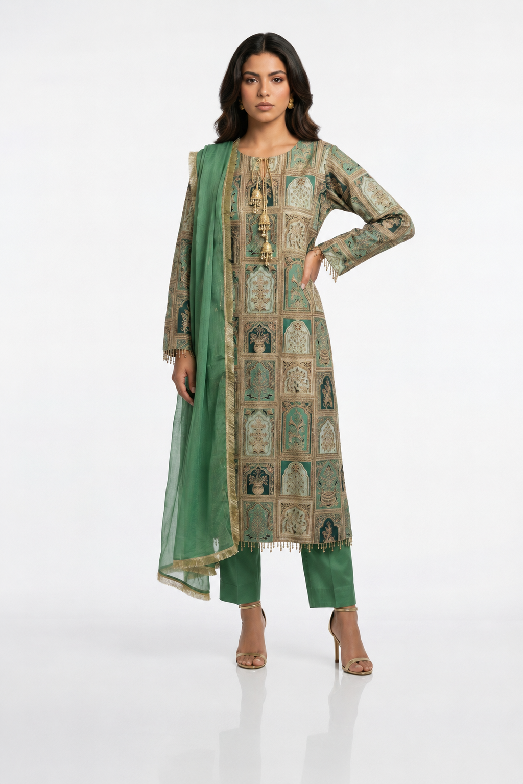 3 Piece Ready to Wear Luxury Embroidered Armani Silk Suit - Green