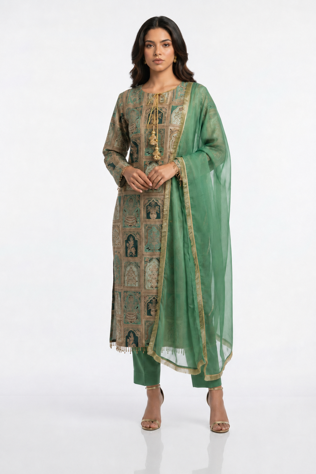 3 Piece Ready to Wear Luxury Embroidered Armani Silk Suit - Green