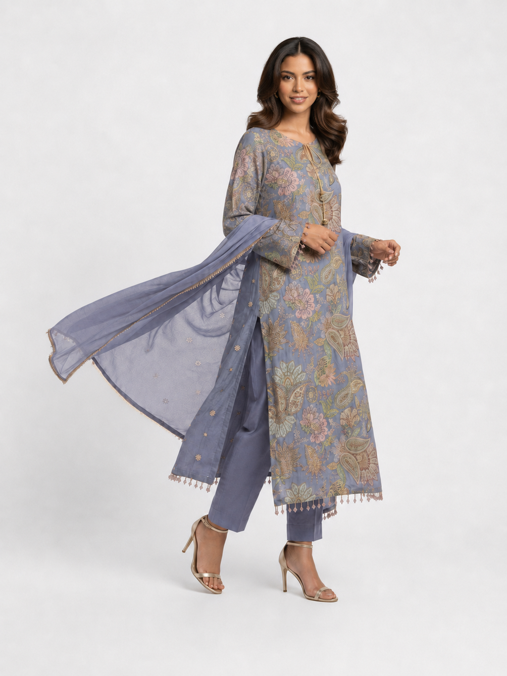3 Piece Ready to Wear Luxury Embroidered Armani Silk Suit - Lilac
