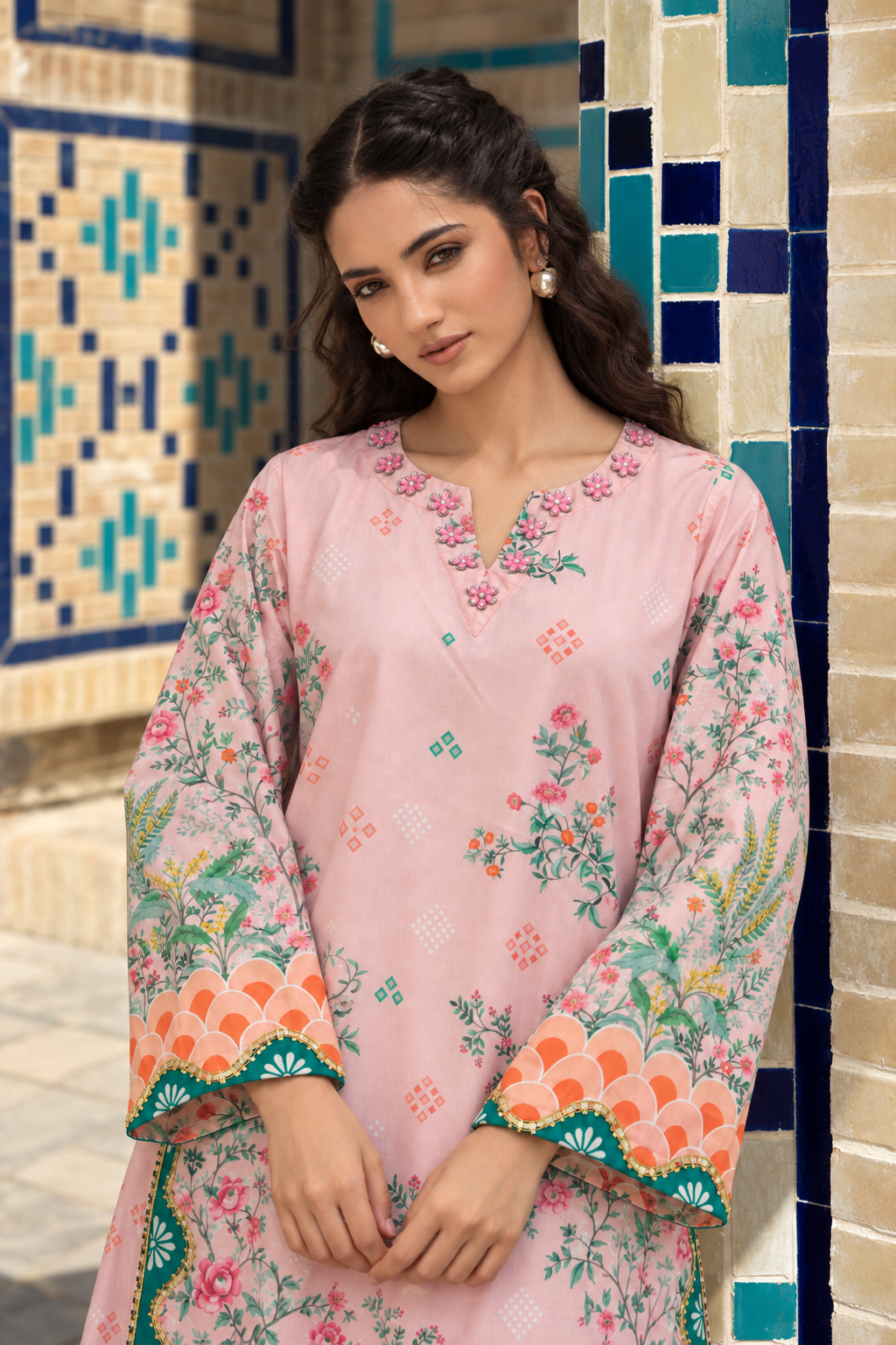 2 Piece Ready to Wear Printed Kaftan Set (Pink)