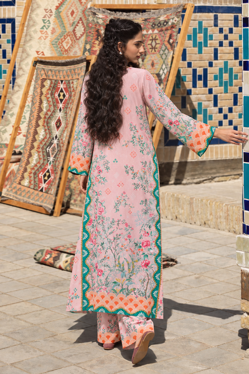 2 Piece Ready to Wear Printed Kaftan Set (Pink)