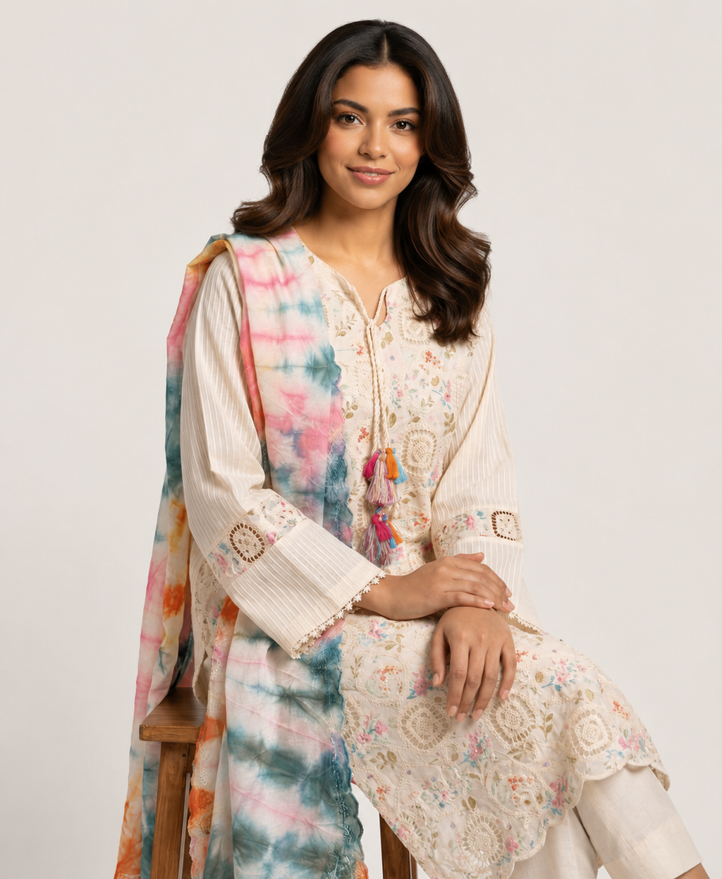 3 Piece Ready to Wear Luxury Embroidered Crochet Suit - Off-White/Multi