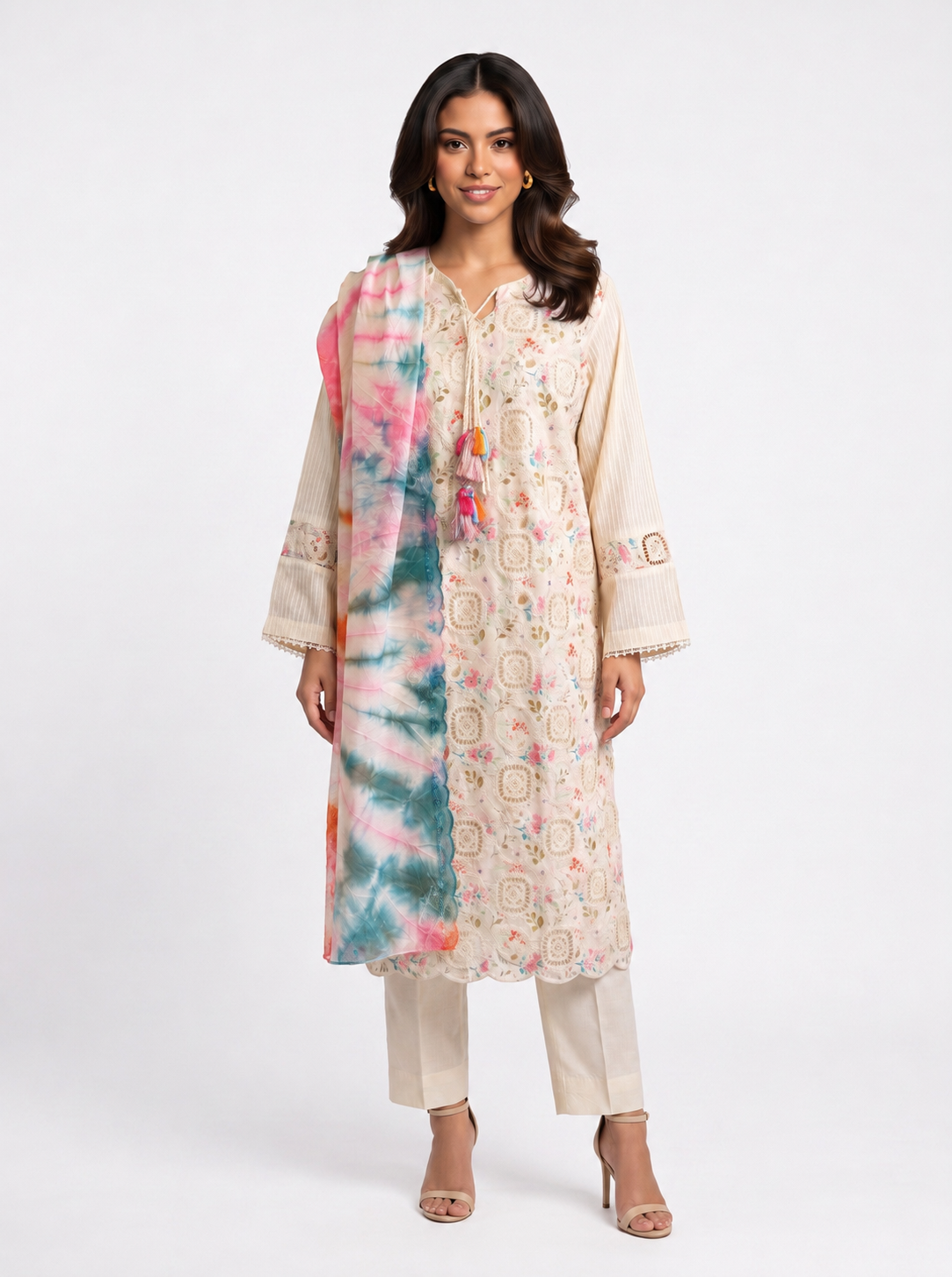 3 Piece Ready to Wear Luxury Embroidered Crochet Suit - Off-White/Multi
