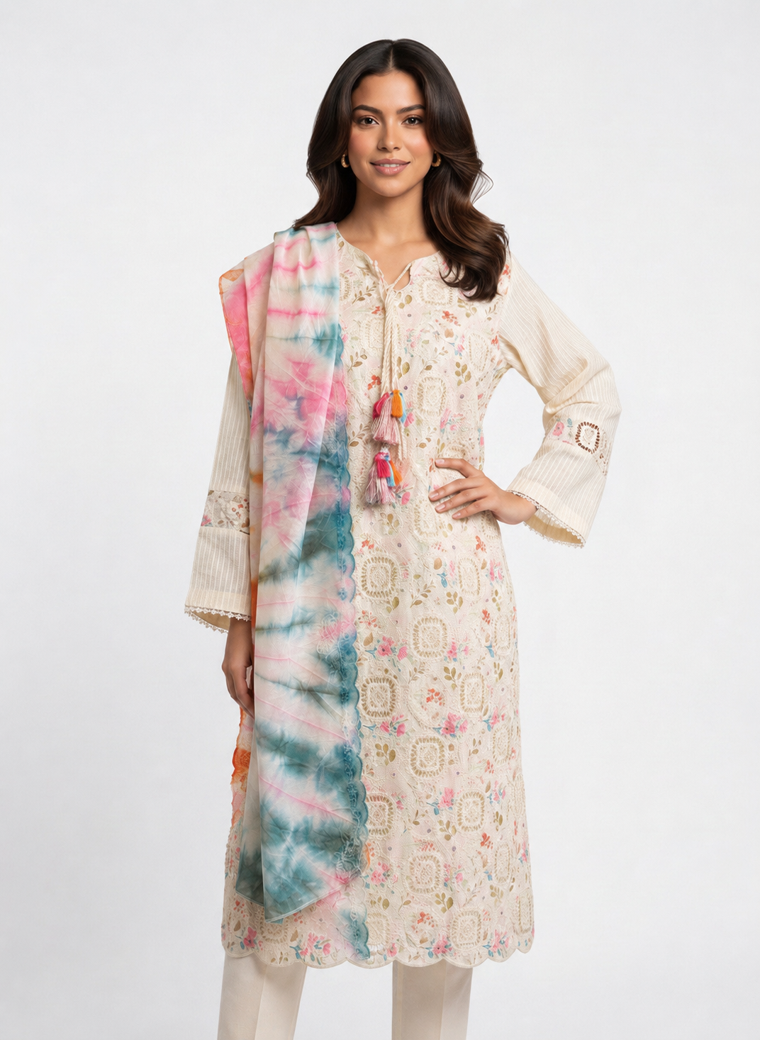 3 Piece Ready to Wear Luxury Embroidered Crochet Suit - Off-White/Multi