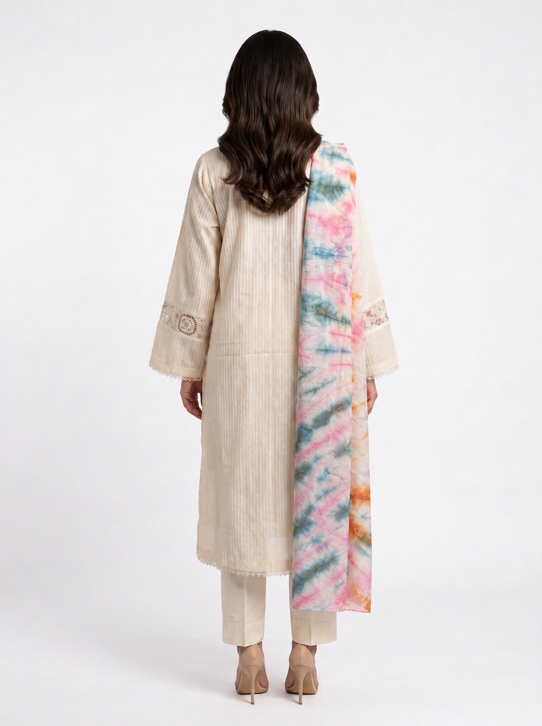 3 Piece Ready to Wear Luxury Embroidered Crochet Suit - Off-White/Multi