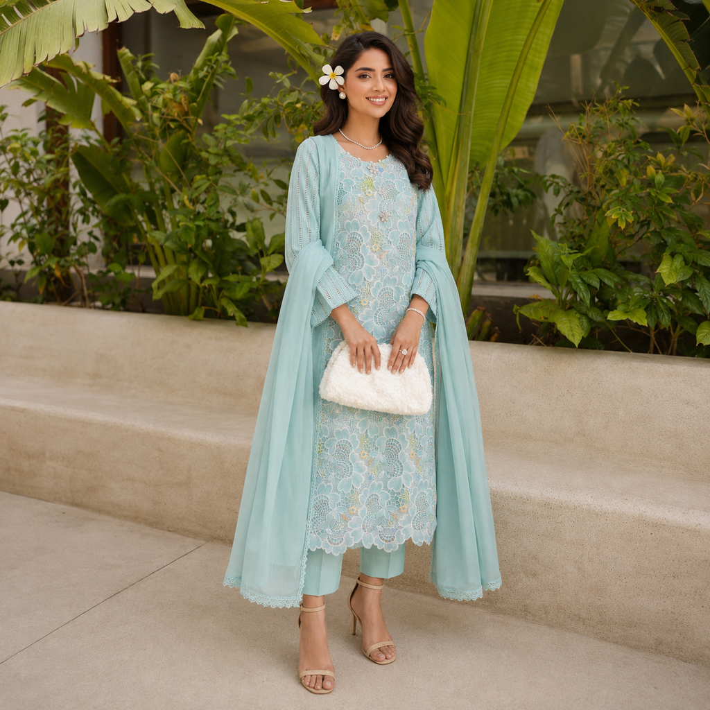3 Piece Ready to Wear Luxury Embroidered Cutwork Suit - Blue