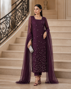 3 Piece Ready to Wear Luxury Net Suit - Plum