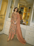 3 Piece Ready to Wear Luxury Embroidered Armani Silk Suit - Peach