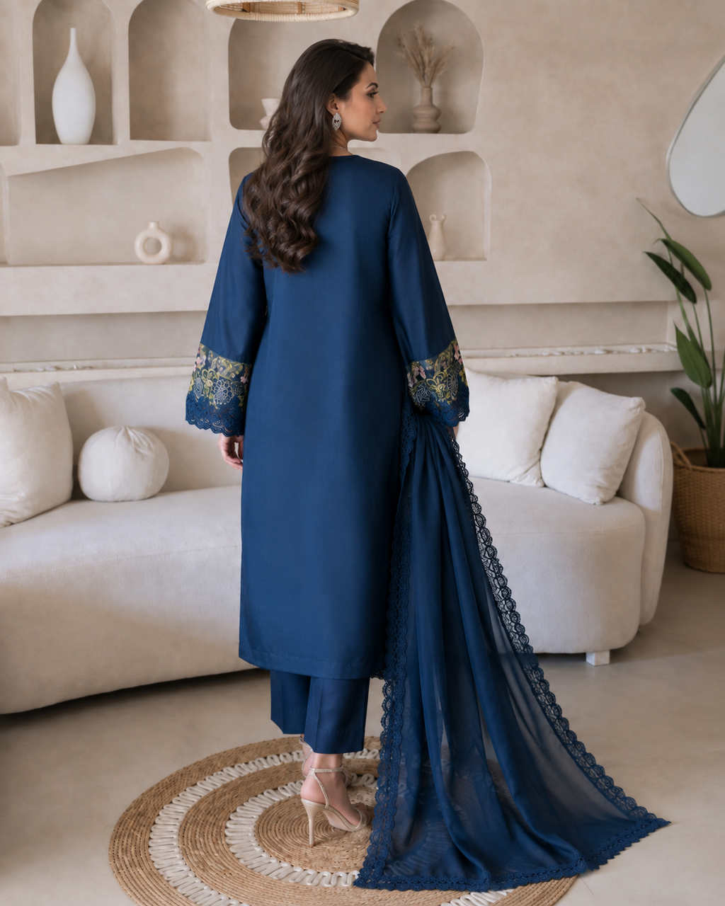 3 Piece Ready to Wear Embroidered Suit (Blue)