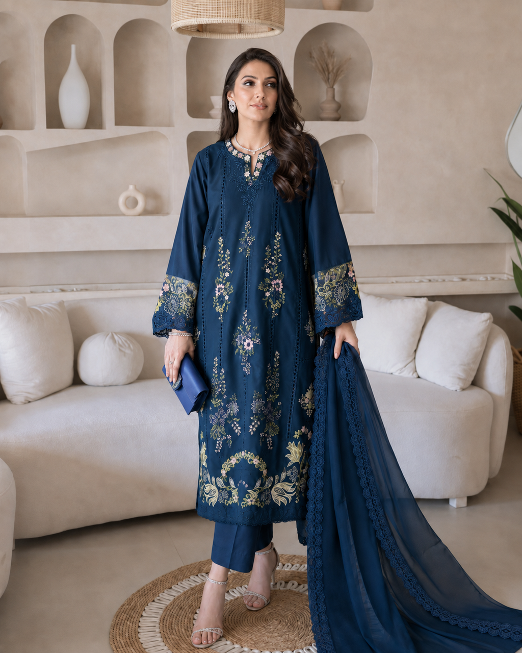3 Piece Ready to Wear Embroidered Suit (Blue)