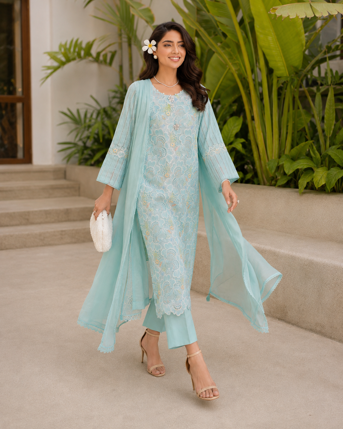 3 Piece Ready to Wear Luxury Embroidered Cutwork Suit - Blue