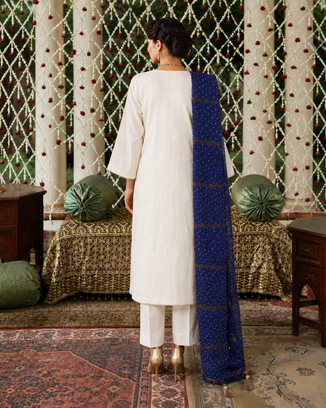 3 Piece Ready to Wear Gota Work Suit - Off-White with Blue Dupatta