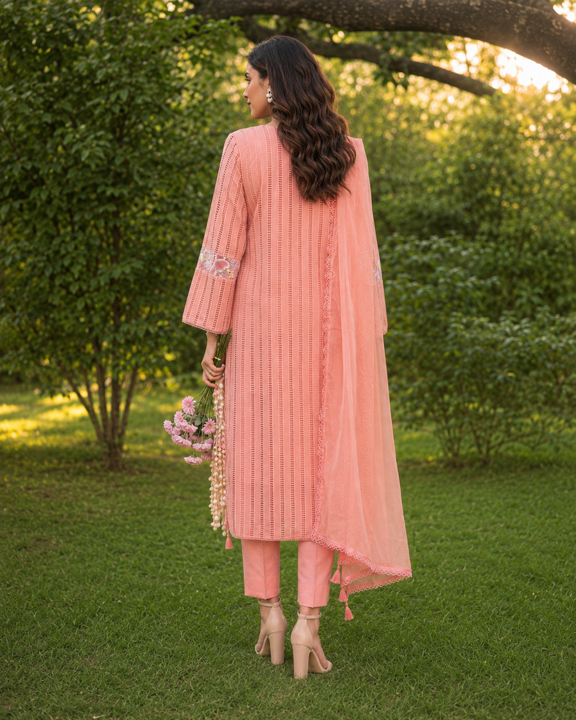 3 Piece Ready to Wear Luxury Embroidered Cutwork Suit - Coral Pink