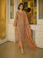 3 Piece Ready to Wear Luxury Embroidered Armani Silk Suit - Peach