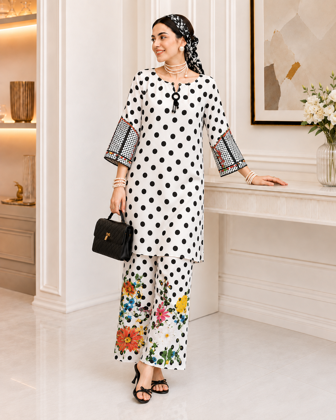 2 Piece Ready to Wear Printed Co-ord Set (Black & White)