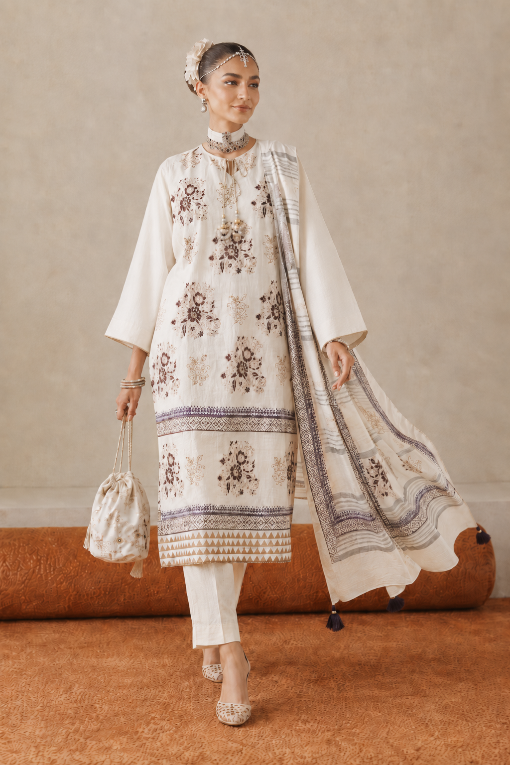 3 Piece Ready to Wear Block Printed Suit - Off-White/Brown/Purple