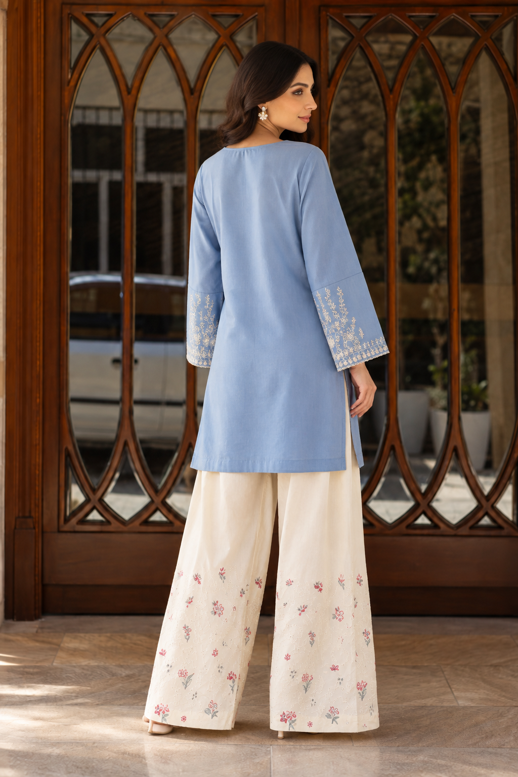 2 Piece Ready to Wear Embroidered Farshi Suit (Blue & Off-white)
