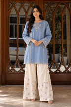 2 Piece Ready to Wear Embroidered Farshi Suit (Blue & Off-white)