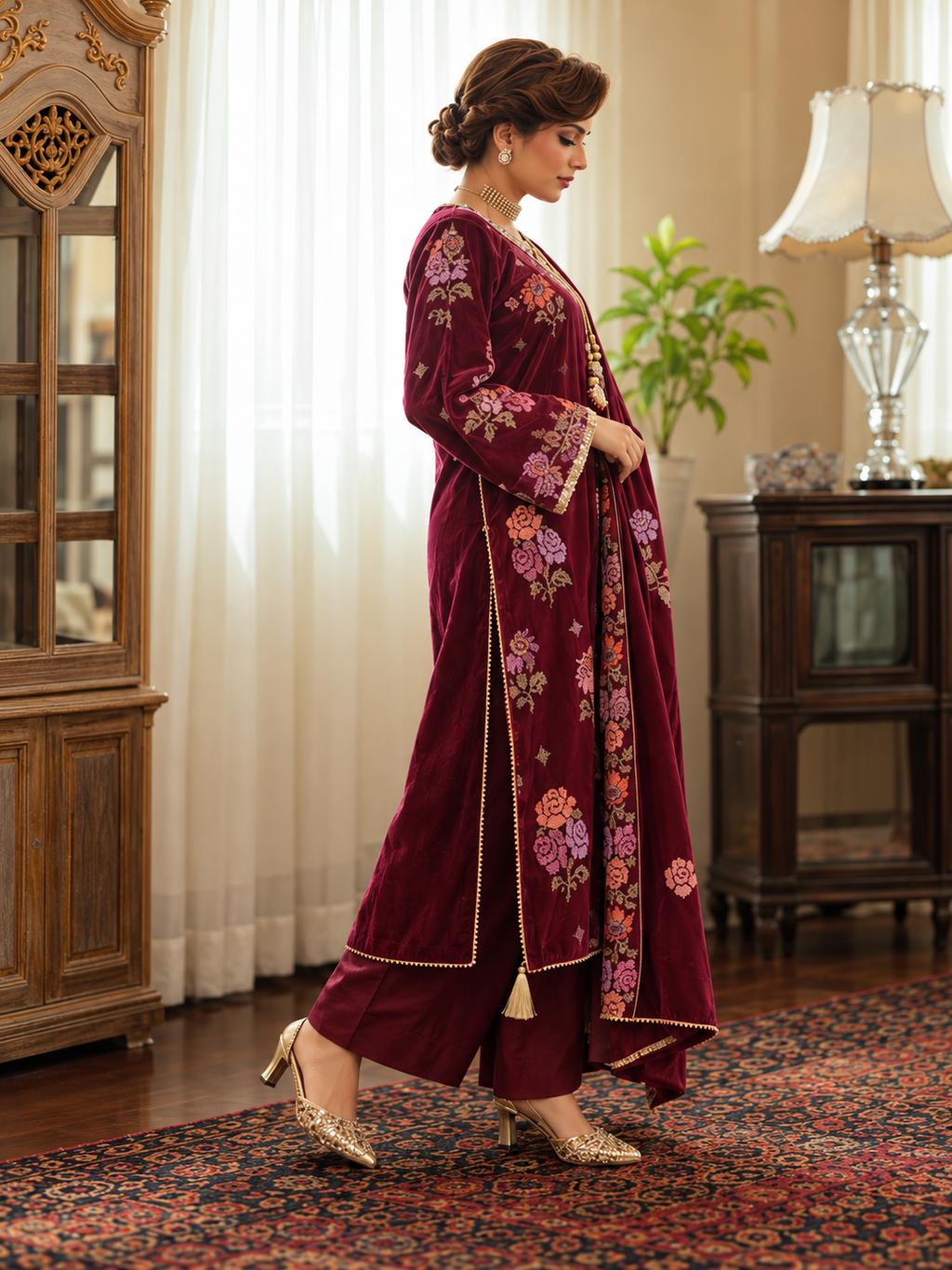 3 Piece Ready to Wear Luxury Velvet Embroidered Suit (Maroon)