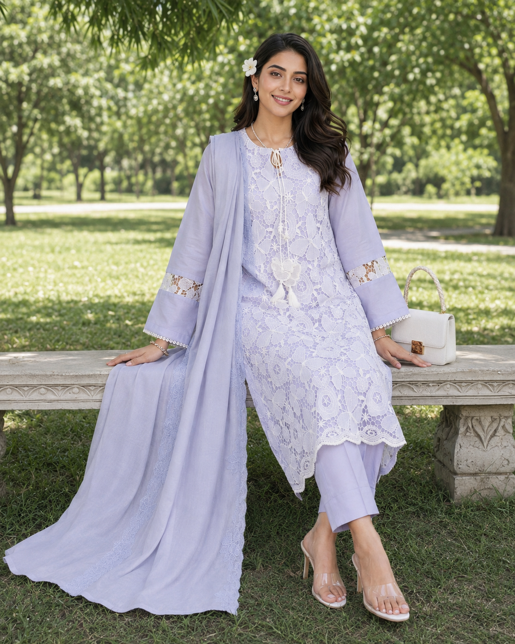 3 Piece Ready to Wear Luxury Embroidered Cutwork Suit - Lilac