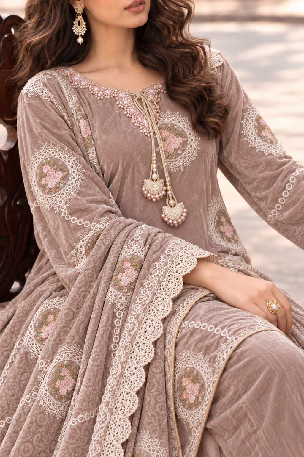 3 Piece Ready to Wear Luxury Velvet Embroidered Suit (Mauve)