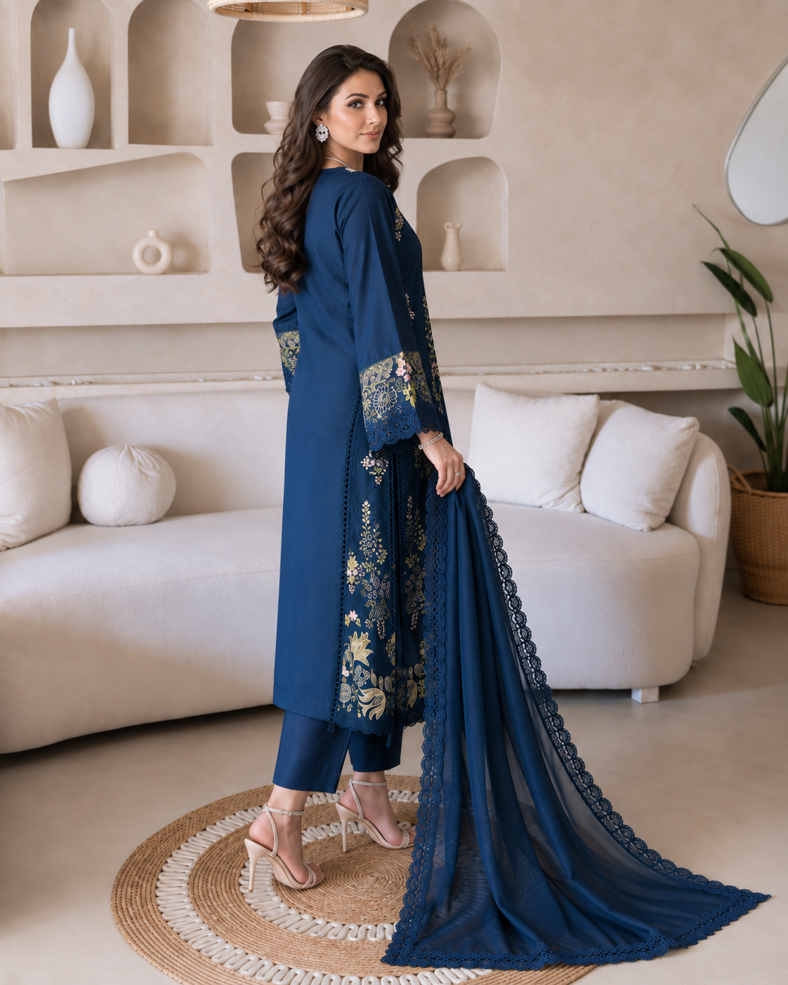 3 Piece Ready to Wear Embroidered Suit (Blue)